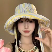 Topi Bucket Bergaris Lucu Gaya Korea Topi Pelindung Matahari Keluaran Baru Musim Panas Topi Pelindung Matahari Bertepi Lebar Kasual Serbaguna Tipis