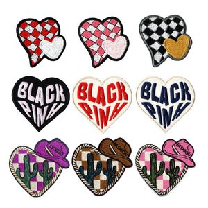 New Hot Iron on Embroidered Checkered Heart <b>Black</b> Pinh Patch for Hat Hoodies Decoration - Product Image 1