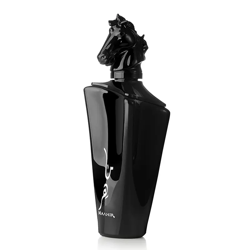 Botella de perfume única negra de lujo con caja botella de perfume botellas de perfume de moda antigua árabe spray de mano con tapa en forma de caballo