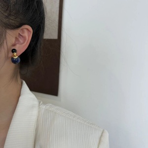 Pendientes Elegantes Retro Simples con Doble Cuentas para Mujer, Azules, Exquisitos, con Bola de Lapislázuli, Plata S925, Estilo Francés, Oro Fino - Product Image 4