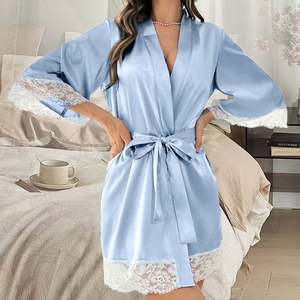 Sfy-y5003 Bata de Lujo Estilo Francés para Novia, Ropa de Descanso Cómoda para Mujer, Pijama de Satén con Encaje hasta la Rodilla, Bata de Baño con Abertura Frontal - Product Image 4
