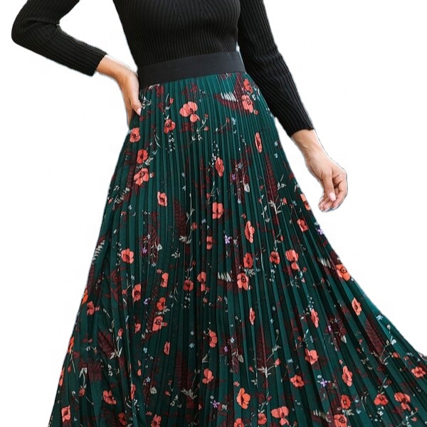 Женская шифоновая плиссированная длинная юбка с высокой талией и цветочным принтом