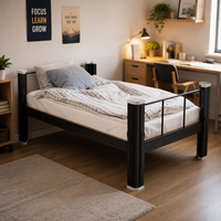 Lit simple en métal pour l'école, cadre noir en acier, lit double pour adultes avec armoire à chaussures