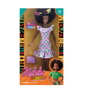 دمية أنليلي سوداء أنيقة بطول 11.5 بوصة مع تنورة منقطة وردية وحقيبة بنفسجية ورأس أسود منفوش مع ربطة عنق للأطفال - Product Image 2