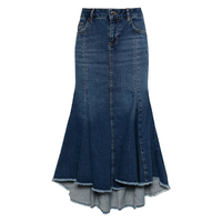 Jupe longue en jean plissée décontractée vintage pour femme avec logo personnalisé, bleu indigo, avec détails de frange et panneau à la taille