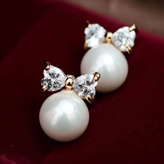 CAOSHI Glossy Sweet Pearl Women Dangle Earrings Pure Bow CZ Girls Korean Design Lady Girls Gold Earrings Pearl