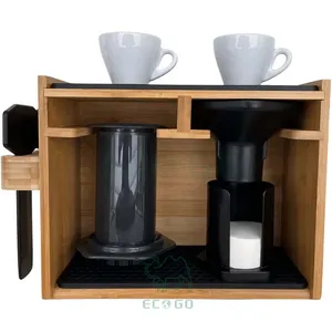 Bamboo Wooden Coffee Maker Station Organizer Coffee Cup Storage Shelf for Countertop with holder for stirrer, filters, spoon