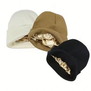 Gorro de punto acrílico grueso liso con puño, forro de satén de seda, logotipo personalizado, gorro tipo toque, gorro de punto de color sólido - Product Image 1