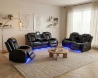 Ensemble de canapés inclinables électriques avec LED, en cuir, incluant un canapé deux places, un fauteuil avec port USB, porte-gobelets et rangements, pour home cinéma