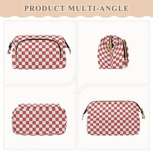 Sac de maquillage personnalisé imprimé à carreaux rouges, trousse de toilette portable de voyage avec ensemble de flacons, grande capacité, pochette cosmétique - Product Image 3