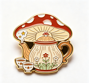 Broche de esmalte con diseño de tetera de hongos rojos y blancos, de metal dorado, para regalo y decoración - Product Image 1