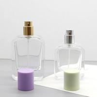 Vente en gros de flacons de parfum carrés transparents en verre de 50 ml, flacons de parfum vides pour cosmétiques, flacon de recharge blanc cristallin