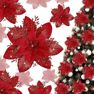 Deep red sparkling <b>Christmas</b> flowers, plastic decorations, artificial <b>Christmas</b> <b>tree</b> wreath decorations - Product Image 2