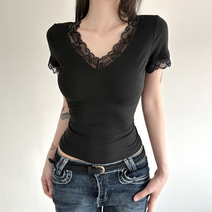 Womens Woven Lace Trim V Neck T <b>Shirt</b> Slim Fit Waist Cinching Short Sleeve Elegant Casual Top Solid Color Summer Tee - Product Image 5