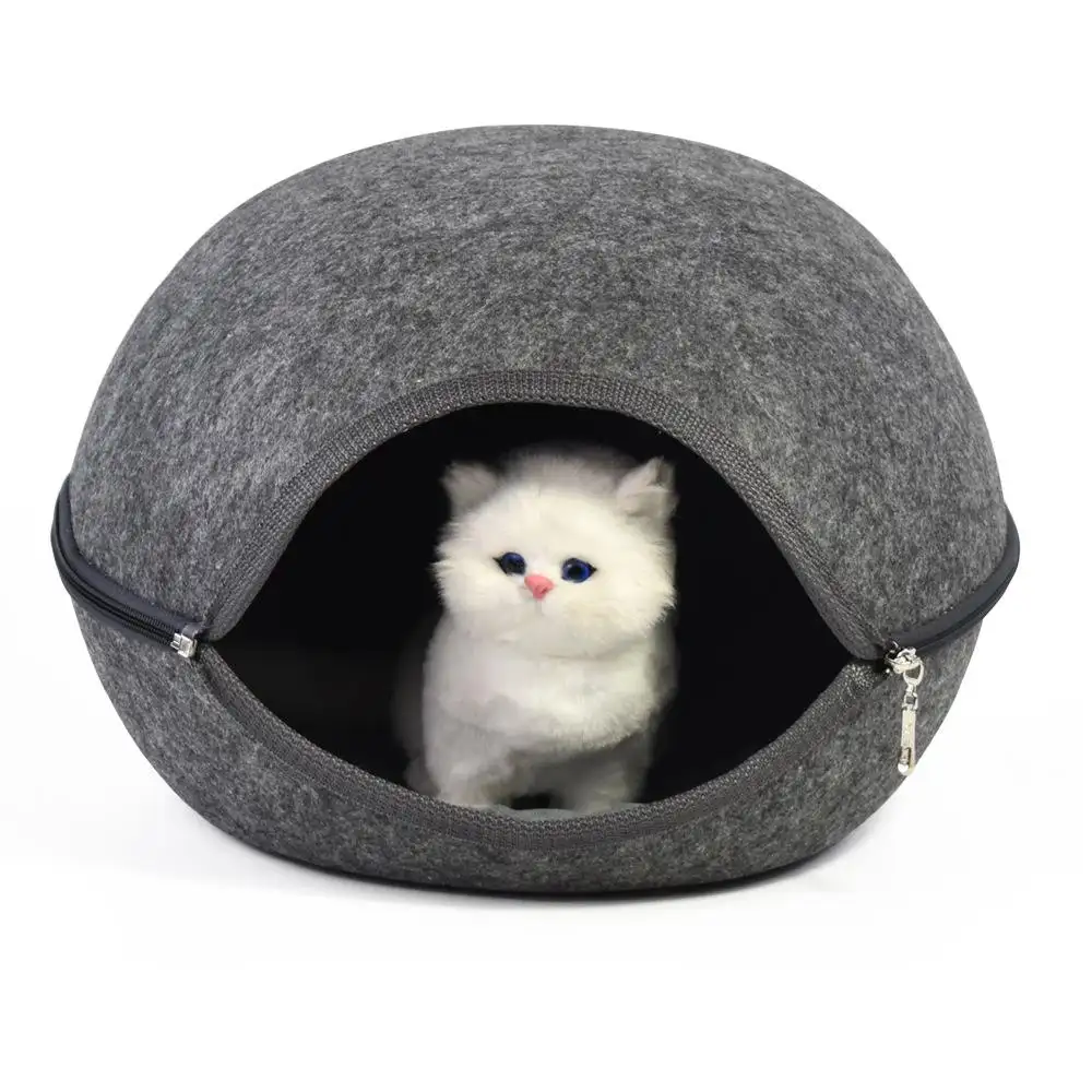 Tasarım interaktif çıkarılabilir yuvarlak keçe yün kedi mağaralar yumuşak yün keçe kedi köpek evi pet ev pet yatak mağaralar