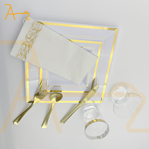 Venta al por Mayor de Fábrica, Juego de Vajilla Desechable de Plástico de 100 Piezas, Vasos Blancos y Plateados, Platos de Plástico <span class=keywords><strong>para</strong></span> Bodas - Product Image 4
