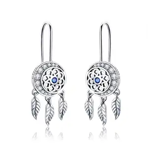 SCE497 Fashion bohemian style dream catcher with blue cz zircon stone drop earrings silver hook women round jewelry