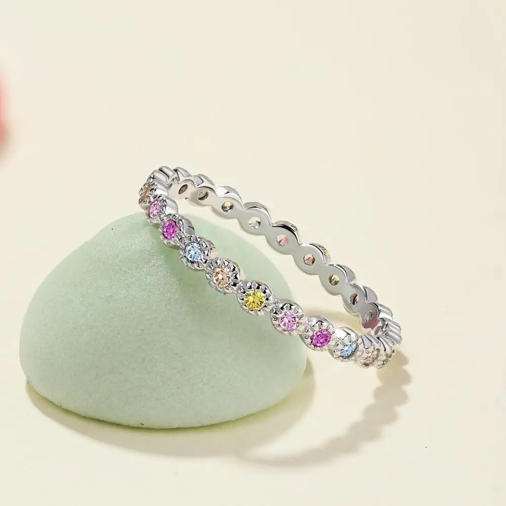 925 Sterling Silver Ring Band Rainbow Colorful Pink Diamond Cz Cubic Zirconia Rings Jewelry Women
