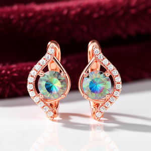 Pendientes Huggie E2773 en Oro Rosa con Cristal en Forma de Gota y Diamantes de Imitación Redondos con Corte Brillante y Engaste de Garra, Joyería de Moda para Fiesta para Mujer - Product Image 2