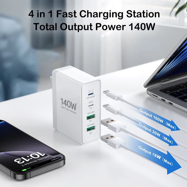 HNT GaN 140W 4 Port PD Fast Charger CE UKCA Approved Custom Logo US/JP Multi-Port Charger for Phone IPad Features OTP OVP PD3.0
