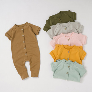 Romper bayi kasual, Jumpsuit lengan pendek penutupan kancing katun organik untuk perdagangan asing musim semi musim panas - Product Image 3