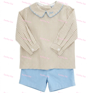 Ropa Infantil al por Mayor, Conjuntos de Ropa para Bebé Niño con Estampado de Calabaza, Camisas con Cuello Peter Pan + Pantalones Cortos, Conjuntos de Ropa para Niños - Product Image 3