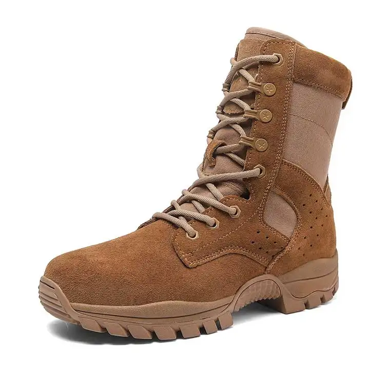 New style brown men's suede leather combat boots high top side zipper anti puncture hiking boots