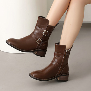 Botines Marrones de Piel Genuina con Punta Redonda, Tacón Cuadrado, Correa con Hebilla, Estilo Moto, Tacón Alto, Envío Directo - Product Image 6