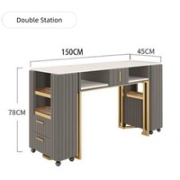 Ensemble de table de manucure en tissu durable noir et or avec plateau en marbre et chaises, station de salon de manucure moderne avec tiroirs de rangement