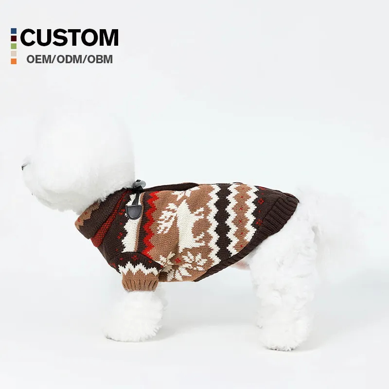 OEM sweter hewan peliharaan pola rusa klasik, pakaian hewan peliharaan Bichon Frise modis musim dingin hangat dengan desain kancing