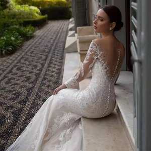 Gaun pernikahan putri duyung Lengan Panjang Modern diskon besar desain Fishtail pinggang rendah dekorasi renda pengantin Vestido panjang selantai - Product Image 3