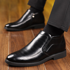 Men Ankle Boots Genuine Leather <b>Pointed</b> <b>Toe</b> <b>Flat</b> Heel Fur Lining Rubber Outsole Chelsea Boots Winter Warm Insulative Business - Product Image 3