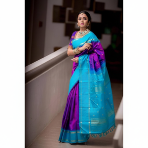 Haute qualité lourd Jacquard soie Saree violet bleu ciel bordure doré grand Jacquard tissage pour fête porter été hiver Viscose - Product Image 1