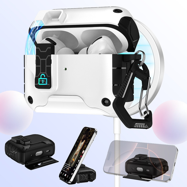 Armor Magnetic Automatic Lock Case for AirPods Pro 3 2 with Phone Stand & Carabiner Keychain Rugged Earphone Protective Cover