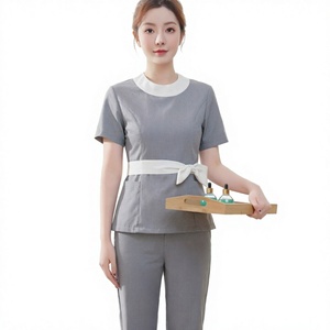 Hotel Housekeeping <b>Uniform</b> Short Sleeve Gray Polyester Cotton Unisex Staff Workwear for Spa <b>Beauty</b> Salon - Product Image 3