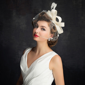 Retro Korean <strong>Lace</strong> Mesh Feather Bridal Hat and Church <strong>Fascinators</strong> Wedding Hats Women Party Chapeau Mariage