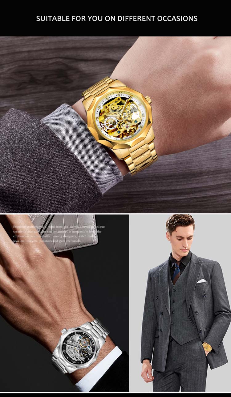 Часы наручные FORSINING Мужские механические, крутые Черные Водонепроницаемые с браслетом из стали, с персонажем, для отдыха, 8240