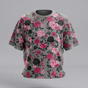 เสื้อยืดคอกลมแขนสั้นโอเวอร์ไซส์ ลายดอกไม้ พิมพ์โลโก้ด้านหน้า ผ้าเจอร์ซีย์คอตตอน ยูนิเซ็กส์ สตรีทแวร์ลำลอง น้ำหนัก 320 กรัม - Product Image 1