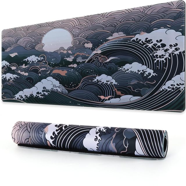 Japanese Sea Wave Large Mouse Pad Anime Black Gaming Extended Kanagawa Mat Desk Pad 3mm Thick Long Non-Slip Rubber Base Mice Pad