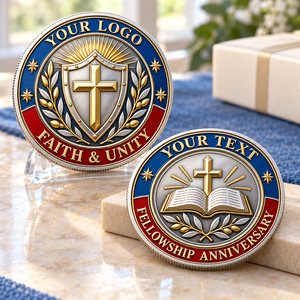 Monedas de Desafío Religiosas Personalizadas con Cruz Grabada en 3D y Escudo Esmaltado en Azul y Rojo, Regalo de Aniversario para la Iglesia - Product Image 1
