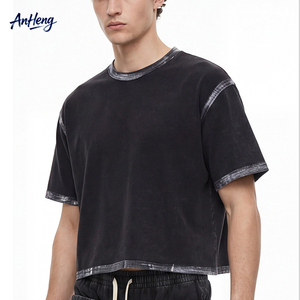 T-shirt Homme 285G en Coton Pur Lourd Noir, Coupe Boxy Ample à Bords Peints Vintage, Manches Courtes, Style Streetwear, Haut Personnalisé - Product Image 1