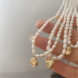 3 Designs Smiley Face Beaded Natural Freshwater Pearl Necklaces Small Bean Love Heart Gold Necklace Korean Minimalist Jewelry