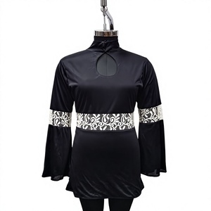 Robe mini élégante en satin noir avec bordure en dentelle, manches lanternes, col à découpe, coupe moulante, tenue de soirée - Product Image 1