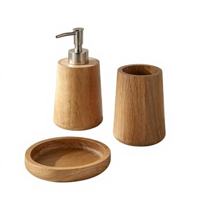 Wooden Bathroom <b>Set</b> 3 Piece Pump <b>Soap</b> Dispenser Cup Tray Eco Friendly Simple Round Accessories - Product Image 1