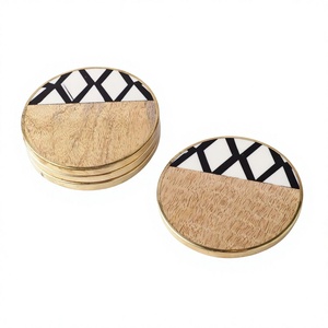 Wooden Crisscross <b>Coaster</b> Set of 4 with <b>Gold</b> Rim Round Tea Coffee Drink <b>Coasters</b> for Home Table Decor - Product Image 1