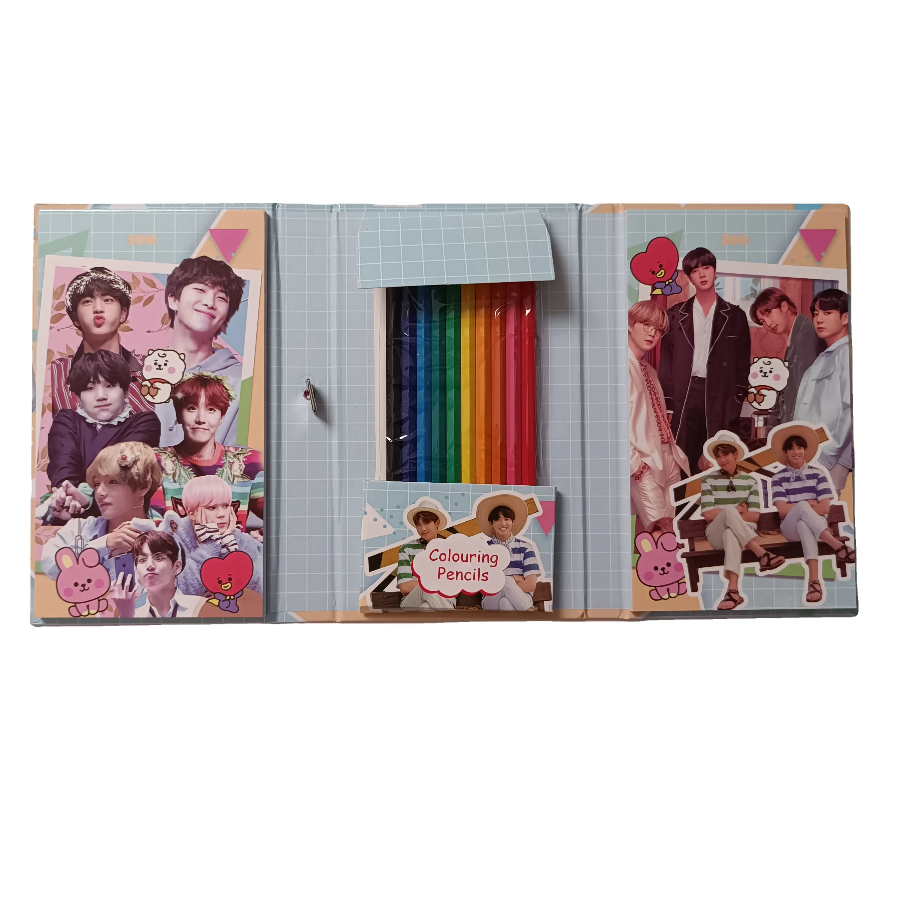 Promotional DIY Stationery Set 3-fold hard Paperboard cover coloring book and Pencil Set with elastic band boy group