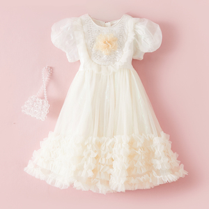 ชุดเดรสเด็กผู้หญิงสีขาวแขนพองระบาย<span class=keywords><strong>แต่ง</strong></span>ดอกไม้ 3 มิติ ผ้าชีฟอง ชุดเจ้าหญิงสำหรับงานปาร์ตี้ - Product Image 4