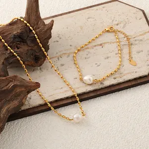 Acessórios femininos joias da moda em aço inoxidável banhado a ouro com contas de pérolas de água doce colar pulseira conjunto