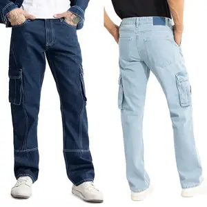 Gingtto individuelle blaue Denim-Hose gerader Jeans Gepäck Baggy Jeans Herren