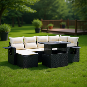 Black And Cream Garden <b>Sofa</b> <b>Set</b> With Cushions Outdoor Furniture UV Resistant PE Rattan Contemporary Design Waterproof - Product Image 2